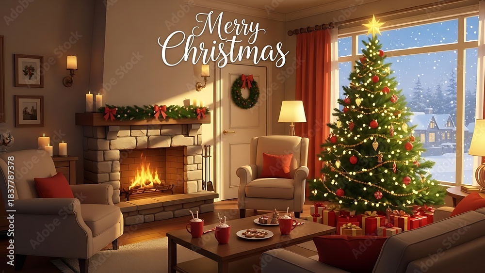 Obraz premium Merry Christmas Text Overlay in Cozy Living Room with Decorated Tree, Fireplace, Gifts & Snow – Festive Holiday JPG