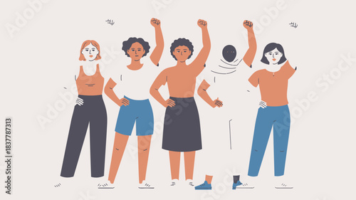 Diverse Group of Women Raising Fists in Solidarity, Cartoon Style Protest Illustration
