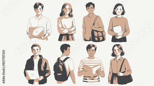 Diverse Group of Young Adult Students with Books, Laptops, and Bags Illustration Art