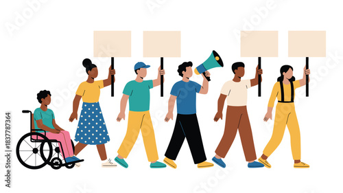 Diverse Group Protesting with Signs and Megaphone, Including Person in Wheelchair, Illustration