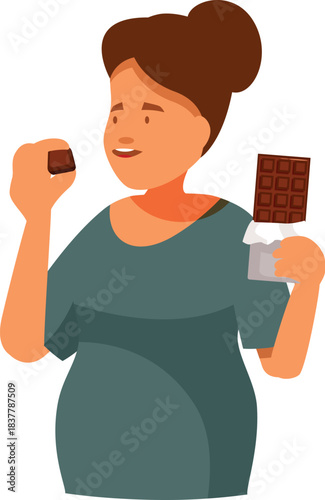 Happy woman eating chocolate bar and praline, enjoying sweet food and dessert