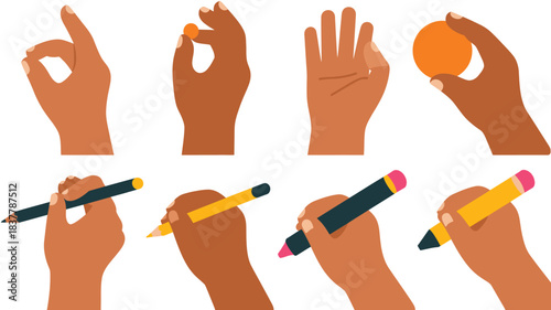Diverse Hands Holding Pencil, Marker, and Orange Sphere in Various Gestures Illustration Set