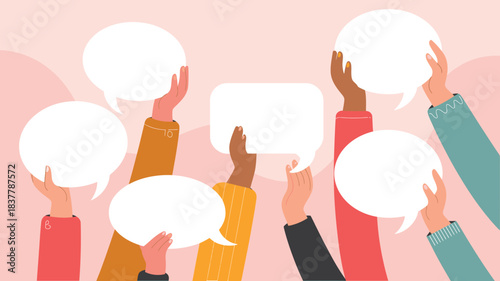 Diverse Hands Holding Speech Bubbles Communication, Feedback, Ideas, and Opinions in Colorful Illustration Style