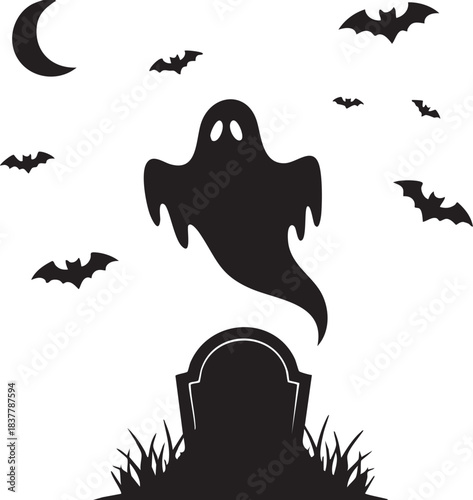 Spooky Ghost Over Tombstone—Cute Halloween Graveyard Illustration, Friendly Ghost Vector