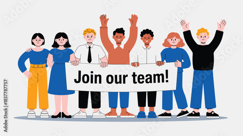 Diverse Team Holding Join Our Team! Banner, Cheering, Representing Company Hiring or Open Positions