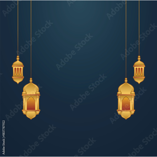 Four Golden Arabic Lanterns on Dark Blue Background