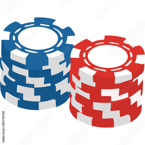 Two Stacks Of Blue And Red Poker Chips Isolated On Black Background With Geometric Pattern And Shadows Representing Gambling And Casino Games