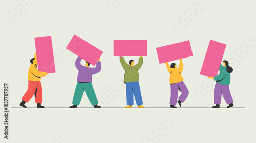 Five People in Casual Wear Holding Up Pink Rectangular Signs, Illustration Style