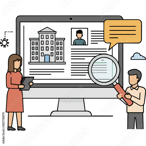 Two People Reviewing A Resume On A Computer Screen Featuring A Building Photo And A Profile Picture With A Magnifying Glass And Speech Bubble In A Flat Design Style