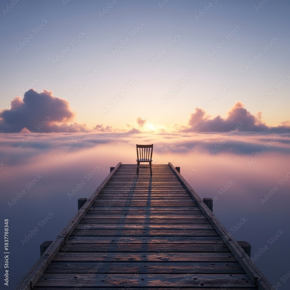 Obraz premium Empty chair on a wooden pier extending into a serene, cloudy sunset over water.