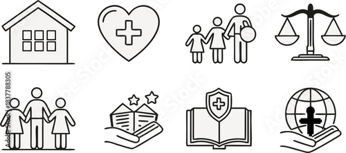 Set of eight line icons representing social security, welfare, and protection concepts isolated on white