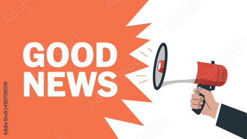 Hand Holding Megaphone Announcing Good News, Orange Burst Background, Business Communication, Positive Announcement Concept