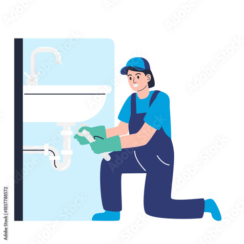 Professional plumber in blue uniform repairing sink pipe with wrench