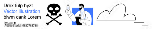 Warning signs, healthcare communication, poison awareness, minimalism concepts, healthcare safety, toxic substances. Skull and crossbones, doctor with a bottle and cloud. Warning signs