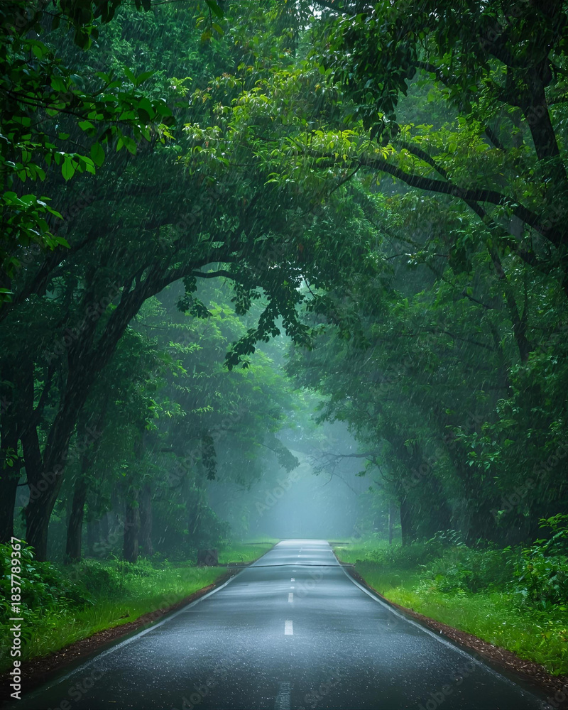 Fototapeta premium winding road, scenic road, forest road, lush forest, green forest, nature path, winding path, forest landscape, scenic drive, tree-lined road, woodland road, countryside road, forest trail, road 