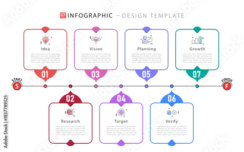 Business infographic template. 7 Step timeline journey. Process diagram, 7 options on white background, Infograph elements, technology, education, modern vector illustration.