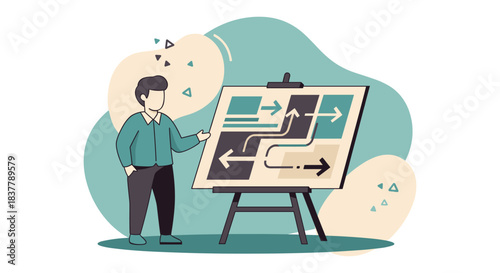 Flat vector illustration of a businessman presenting a strategic flowchart with arrows on an easel board, explaining workflow processes and business planning concepts in a modern office setting.