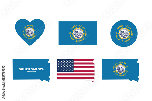 south dakota flag and map set. south dakota state flag in celebration of May 29th.