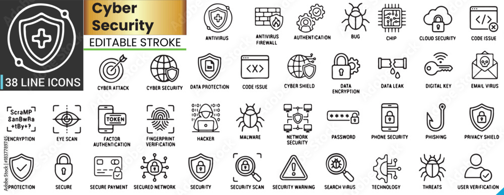 Naklejka premium Minimalist Cyber Security and Data Protection Line Icon Set with Editable Stroke. Featuring Internet Safety, Encryption, Privacy, and Hacker Protection Symbols.