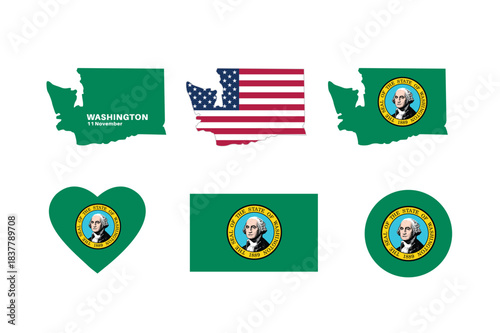 Washington flag and map set. Washington state flag in celebration of November 11th