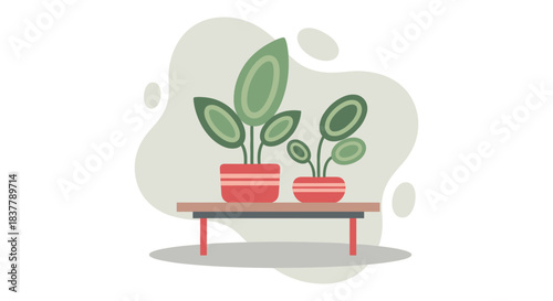 Flat vector illustration of two decorative potted green plants sitting on a wooden table, featuring modern home interior and indoor gardening concepts in a minimalist style.