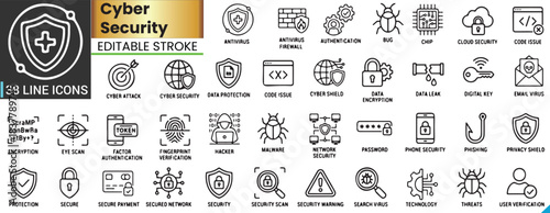 Minimalist Cyber Security and Data Protection Line Icon Set with Editable Stroke. Featuring Internet Safety, Encryption, Privacy, and Hacker Protection Symbols.