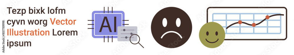 Fototapeta premium Artificial intelligence, data analysis, emotional states, technology, machine learning, business growth. AI chip illustration, sad and happy face growth chart. Artificial intelligence and data
