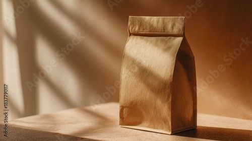 Paper bag casting shadows, suggesting simplicity and eco-conscious design.