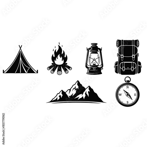 Adventure awaits with essential camping gear including tent, campfire, lantern, backpack, compass, and majestic mountains for your next outdoor journey