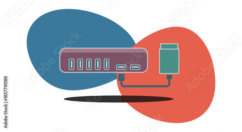 Flat vector illustration of a multi-port USB hub adapter connected via cable, featuring a minimalist design with abstract blue and red background shapes, suitable for technology, connectivity, and com