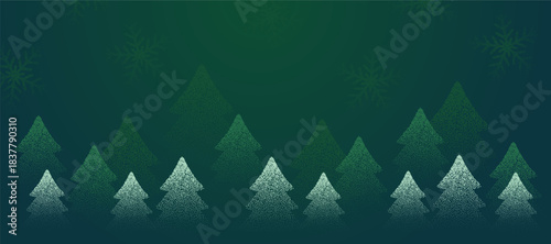 Green Christmas background with halftone pine trees and snowflakes. Noise stippled texture