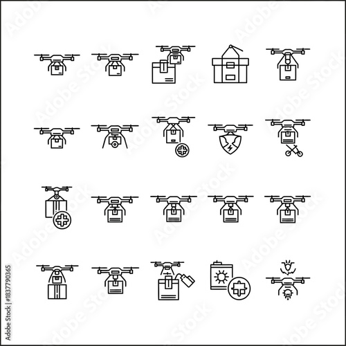 Modern drone delivery icons showcasing package transport, medical aid, and logistics innovation for future business and technology concepts