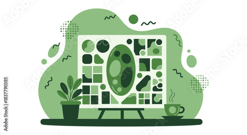 Flat vector illustration of a creative art studio setup featuring an abstract painting canvas on a wooden easel stand, surrounded by a potted plant and a hot coffee cup, designed in a trendy monochrom