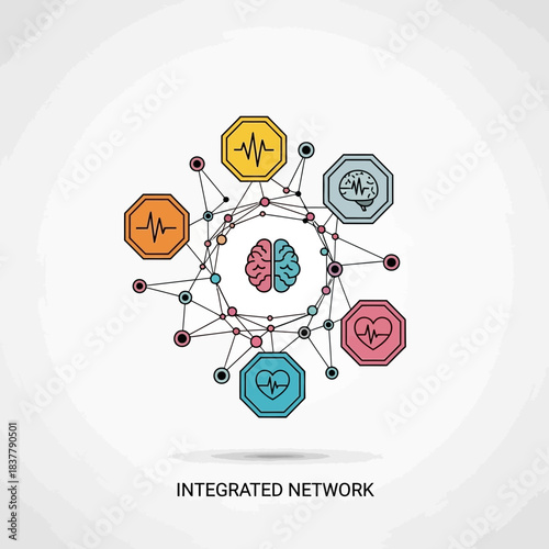 Innovative concept of integrated neural network showcasing brain health, cognition, and life signals in dynamic interconnected system