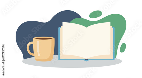 Flat vector illustration of open book with blank pages and beige coffee cup on table with abstract background concept for education reading literature study and morning relaxation time.