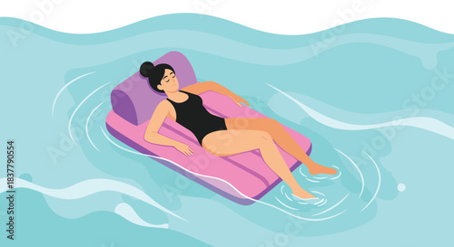 A beautiful young woman in a black one-piece swimsuit is relaxing with her eyes closed on a pink pool float in the water.