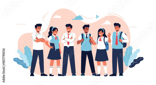 A diverse group of happy and confident high school students in uniforms standing together as a team against a background.