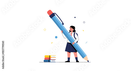 A creative concept of a young student in a school uniform holding a giant pencil ready to write learn and be creative.