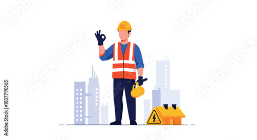 A professional male electrician in a hard hat and safety vest gives an okay sign with a city skyline in the background.
