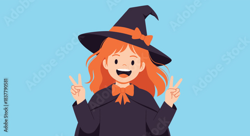 A cute and happy young witch with orange hair and a pointy hat makes a peace sign gesture with both hands for Halloween.