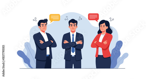 Three business people are standing with their arms crossed looking angry and frustrated during a heated argument or conflict.