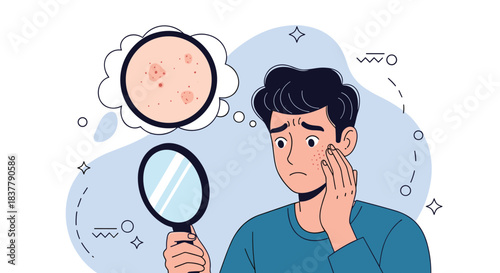 A worried young man looks in a mirror and sees pimples on his face thinking about his acne and skin problems.