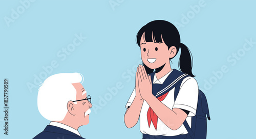 A smiling young schoolgirl in a japanese uniform respectfully greets an elderly man with a traditional wai gesture.