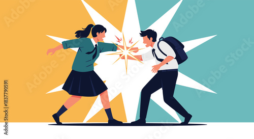 Two students a boy and a girl are engaged in a heated argument or physical fight with a comic-style explosion background.