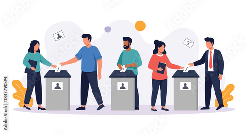A diverse group of people are casting their ballots into voting boxes during an election to make their civic choice.