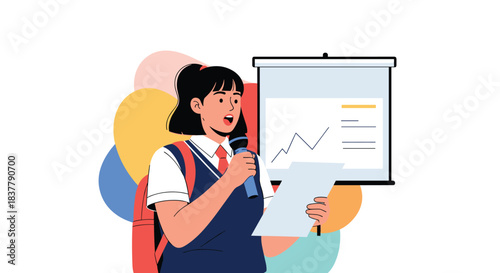 Young schoolgirl in uniform giving a presentation with a microphone and notes in front of a projector screen with a graph.