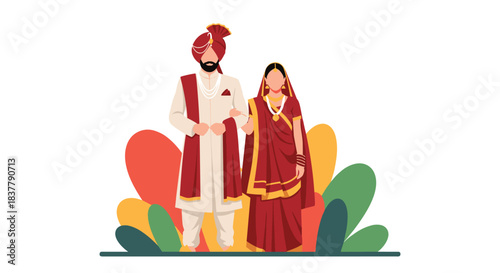 Beautiful Indian wedding couple with the groom in a sherwani and turban and the bride in a traditional red sari and jewelry.