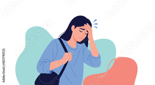 Tired and stressed young woman with a headache holding her forehead feeling unwell sick or exhausted from burnout or fatigue.