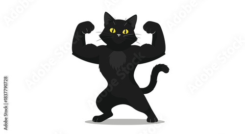 A humorous cartoon illustration of a strong black cat with muscular arms flexing its biceps and showing off its strength.