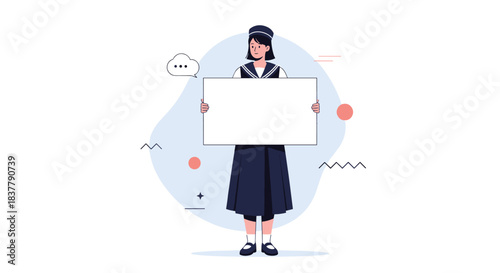 A Japanese schoolgirl in a sailor uniform stands holding a large blank white sign with copy space for your message or text.